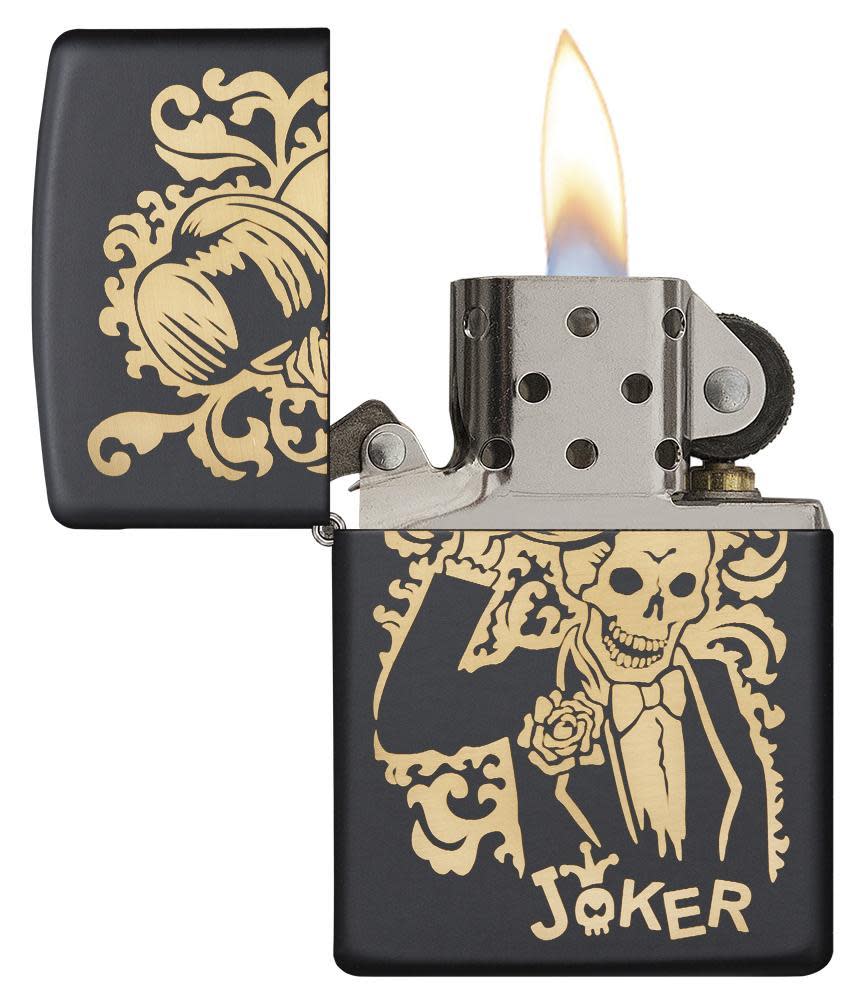Front view of the Joke Skeleton Tipping Hat with Bronze Swirls on Black Matte Lighter open and lit